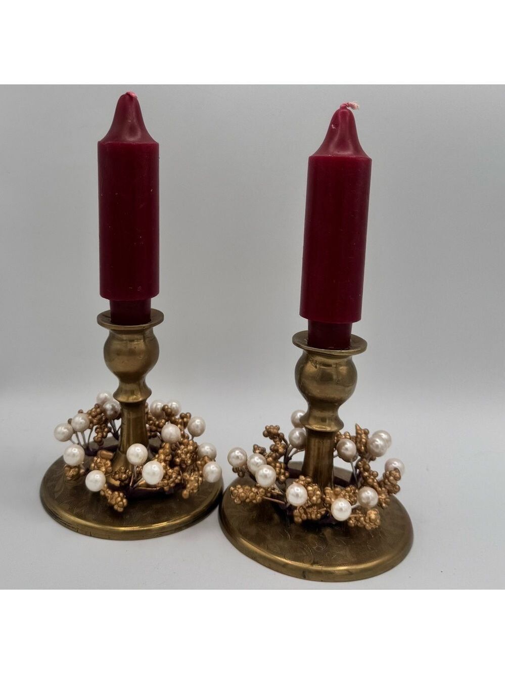Vintage Brass Candlestick Holders Pair Etched Base Short Taper Candle Holders